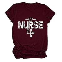 Funny Nurse T Shirts Womens Short Sleeve Graphic Shirts Funny Letter Printed Tee Tops (1PC Printed Front and Back)