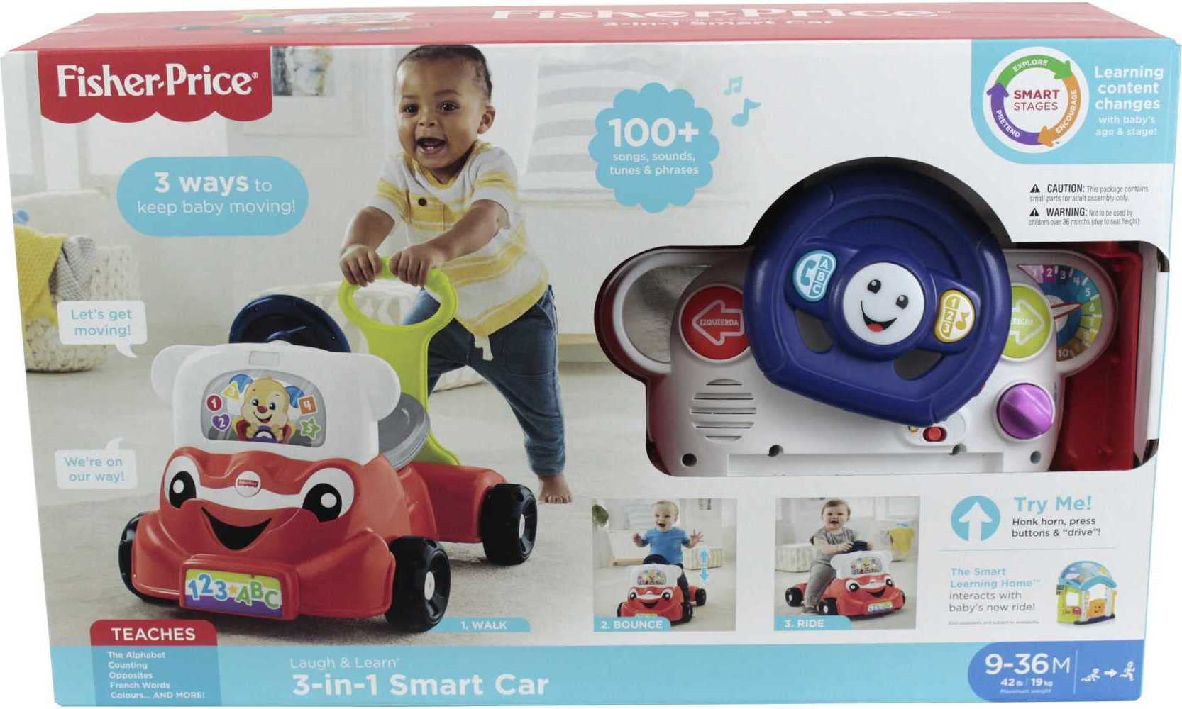 Fisher-Price Laugh & Learn 3-In-1 Smart Car, Baby Walker & Toddler Ride-On Toy with Smart Stages Learning Content for Ages 9+ Months
