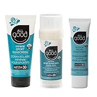 All Good Sport Mineral Sunscreen & Facial Sunscreen Bundle - UVA/UVB Broad Spectrum, Water Resistant - Includes (1) SPF 50 Butter Stick, (1) SPF 30 Lotion, & (1) SPF 30 Facial Sunscreen