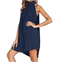 Dresses for Women 2024Sexy Summer Casual Solid Color Round Neck Sleeveless High Waist Pleated Comfy Lightweight Dress