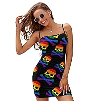 Gay Pride Flag Skull Crossbones Women's Spaghetti Strap Dress Adjustable Slip Dresses Sexy Mini Dress Backless Bodycon Dress