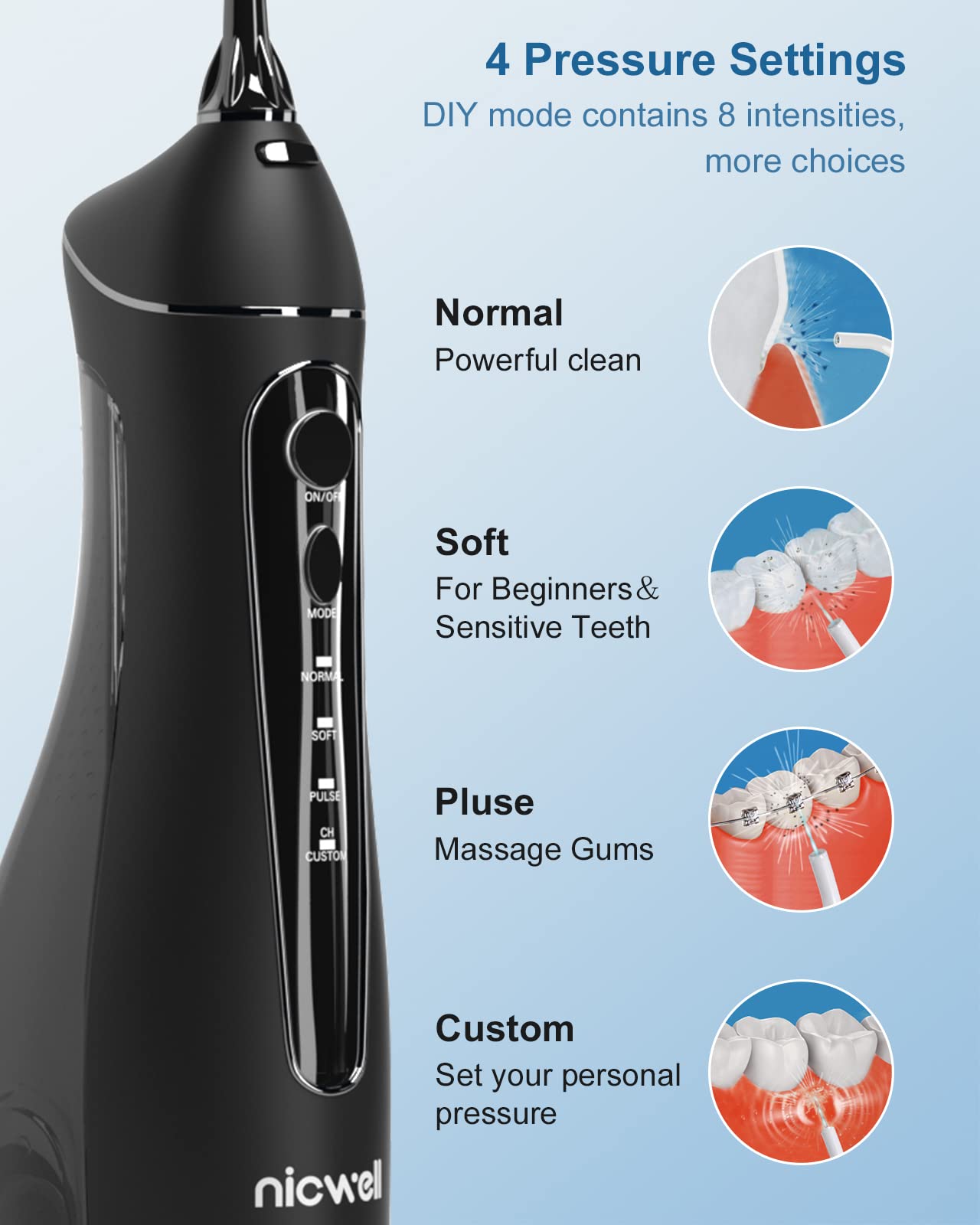 Water Dental Flosser Cordless for Teeth - Nicwell 4 Modes Dental Oral Irrigator, Portable and Rechargeable IPX7 Waterproof Powerful Battery Life Water Teeth Cleaner Picks for Home Travel Black