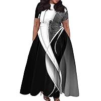 Plus Size Maxi Dress for Women Casual Crew Neck Short Sleeve Dress Elegant Solid/Print Flowy Dress with Belt XL-5XL