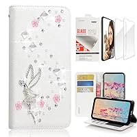 STENES Bling Wallet Phone Case Compatible with iPhone 15 Pro Max - Stylish - 3D Handmade Girls Fairy Floral Design Leather Girls Women Cover with Screen Protector [2 Pack] - White