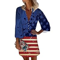 Americana Dress for Women Patriotic Dress for Women Sexy Casual Vintage Print with 3/4 Length Sleeve Deep V Neck Independence Day Dresses Dark Blue Large