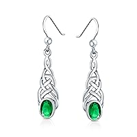 BFF Blue Kelly Green Simulated Emerald or Sapphire Love Knot Oval Bezel Set Dangle Irish Celtic Earrings For Women Teens Fish Hook .925 Sterling Silver