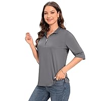Womens Golf Shirt Quick Dry 3/4 Sleeve Tennis Tops UPF50+ Collared Golf Polo Shirts for Women with Zipper