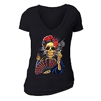 Women's Woman Skeleton Smoking Butterfly Skull Day of Dead V-Neck Short Sleeve T-Shirt