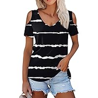 Summer Tops Womens Tunic Top Short Sleeve Cold Shoulder V Neck Loose Fit Printed Tee Casual Tops Shirts