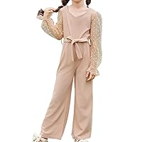 OYOANGLE Girl's Polka Dots Mesh Long Sleeve Sweetheart Neck Belted Jumpsuit Romper