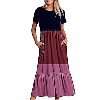 Summer Casual A-Line Dresses for Women Color Block Short Sleeve Midi Dress Ruffle Hem Swing Sundress with Pockets