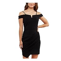 Womens Black Stretch Zippered Notched V Asymmetrical Hem Sleeveless Off Shoulder Above The Knee Party Body Con Dress Juniors 9