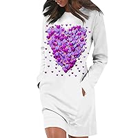 Women's Red Valentines Dress Long Sleeve Heart Print Casual Tunic Dress Pullover Hip Pack Sweater Dress, S-3XL