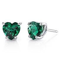 Peora Solid 14K White Gold Created Emerald Heart Stud Earrings for Women, Classic Solitaire Studs, 6mm, 1.50 Carats total, Friction Back