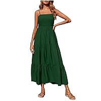 Women's 2023 Summer Boho Spaghetti Strap Sleeveless Solid Color Ruffle A Line Beach Long Maxi Sundress