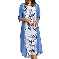 Anjikang Summer Womens 2 Piece Outfit Elegant 3/4 Sleeve Long Chiffon Tulle Cardigan Sleeveless Floral Long Bodycon Dress, 5 blue
