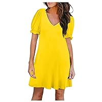 Dresses for Women 2024 Summer Casual Fashion Solid Color V-Neck Petal Sleeve Short Sleeve Pocket Dress