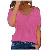 Womens Tops V Neck Eyelet Embroidery T Shirt Summer Sexy Cold Shoulder Clothes Casual Short Sleeve Blouse T Shirts