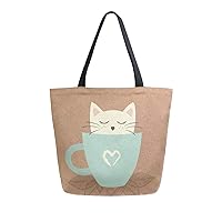 ALAZA Large Canvas Tote Bag Hello Fall Cute Cat Coffee Brown Shopping Shoulder Handbag with Small Zippered Pocket