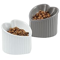 WUHOSTAM Raised Ceramic Tilted Cat Bowls, Heart Shape Elevated Cat Food Bowl, Porcelain Slanted Pet Feeder Dish for Flat Faced Cats, Protect Cat's Spine, Stress Free, 2 Pack(White+Grey)