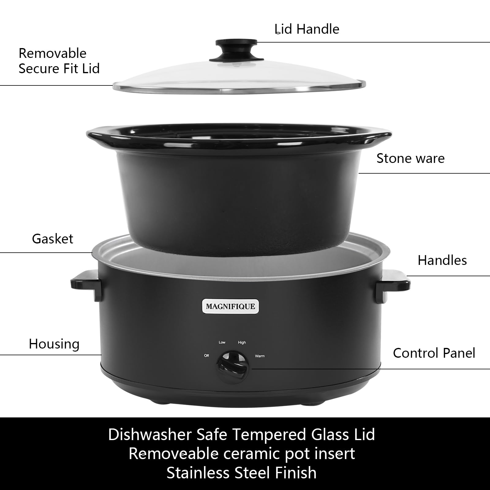Magnifique 7 Quart Slow Cooker Oval Manual Pot Food Warmer with 3 Cooking Settings, Black Stainless Steel