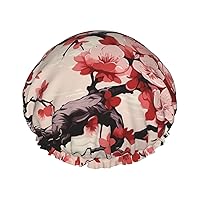 Japanese Floral Cherry Blossom Print Shower Cap Double Layer Waterproof Bath Cap Elastic Reusable Shower Hat For Women Ladies Spa Salon