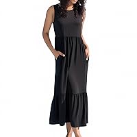 Negash Maxi Dresses for Women 2023 - Sleeveless Casual Dress with Pockets Crewneck Swing Sundress, Beach Travel and Daily