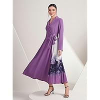 2023 Summer Women's Dress Purple Shawl Collar Knot Side Pleated Hem Dress (Color : Purple, Size : Large)