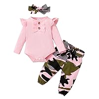 Baby Womens Clothes Infant Girls Long Sleeve Ribbed Romper Bodysuits Camouflage Printed Pants (Pink, 0-3 Months)