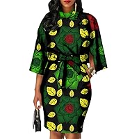 African Dresses for Women Bazin Riche Ankara Print Bodycon Dress Wax Batik Bow Crewneck Dress