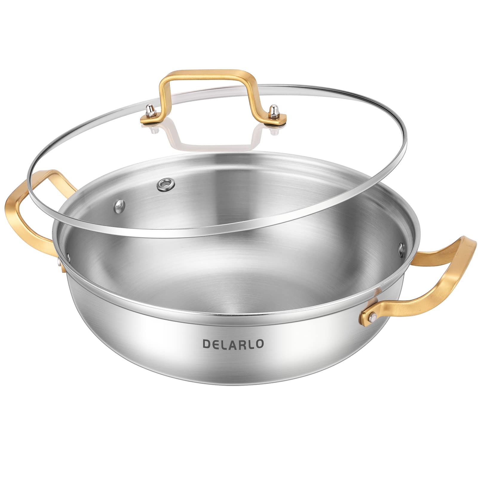 Delarlo Tri-Ply Stainless Steel Cookware Everyday Pan with Glass Lid 12inch, 4QT Chef’Pan,Induction Cooking Pot, kitchen Stock Pot,Fry Pan,Multipurpose Stewpot