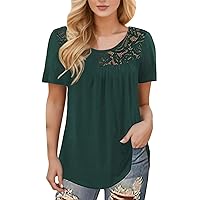 Womens V Neck T Shirts, Tops for Women 2024 Summer Scoop Neck Short Sleeve Lace Top Curved Hem Flowy Blouse T Shirt Loose Fit Pleated Tunics, 2024 Fashion Clearance, Camiseta de Mujer