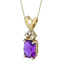 PEORA Solid 14K Yellow Gold Amethyst and Diamonds Pendant for Women, Genuine Gemstone Birthstone Solitaire, Radiant Cut, 7x5mm
