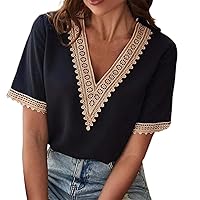 Long Sleeve Going Out Tops Women's V Neck Short Sleeved Gold Lace Fashion and Casual Solid Color Loose Top WOM