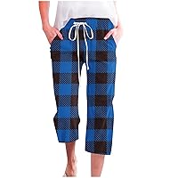 Classic Plaid Capri Pants Women Summer Daily Loose Lounge Pants Drawstring Waist Straight Leg Pants with Pockets