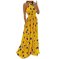 Boho Dress for Women,Elegnat Sexy Halter Neck Sleeveless Off Shoulder Backless Long Dress Smocked Formal Maxi Dress