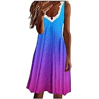 Midi Dress for Women Eyelash Lace Trim V Neck Summer Casual Dress Striped Geometric Print Color Block Sleeveless Tank Dress