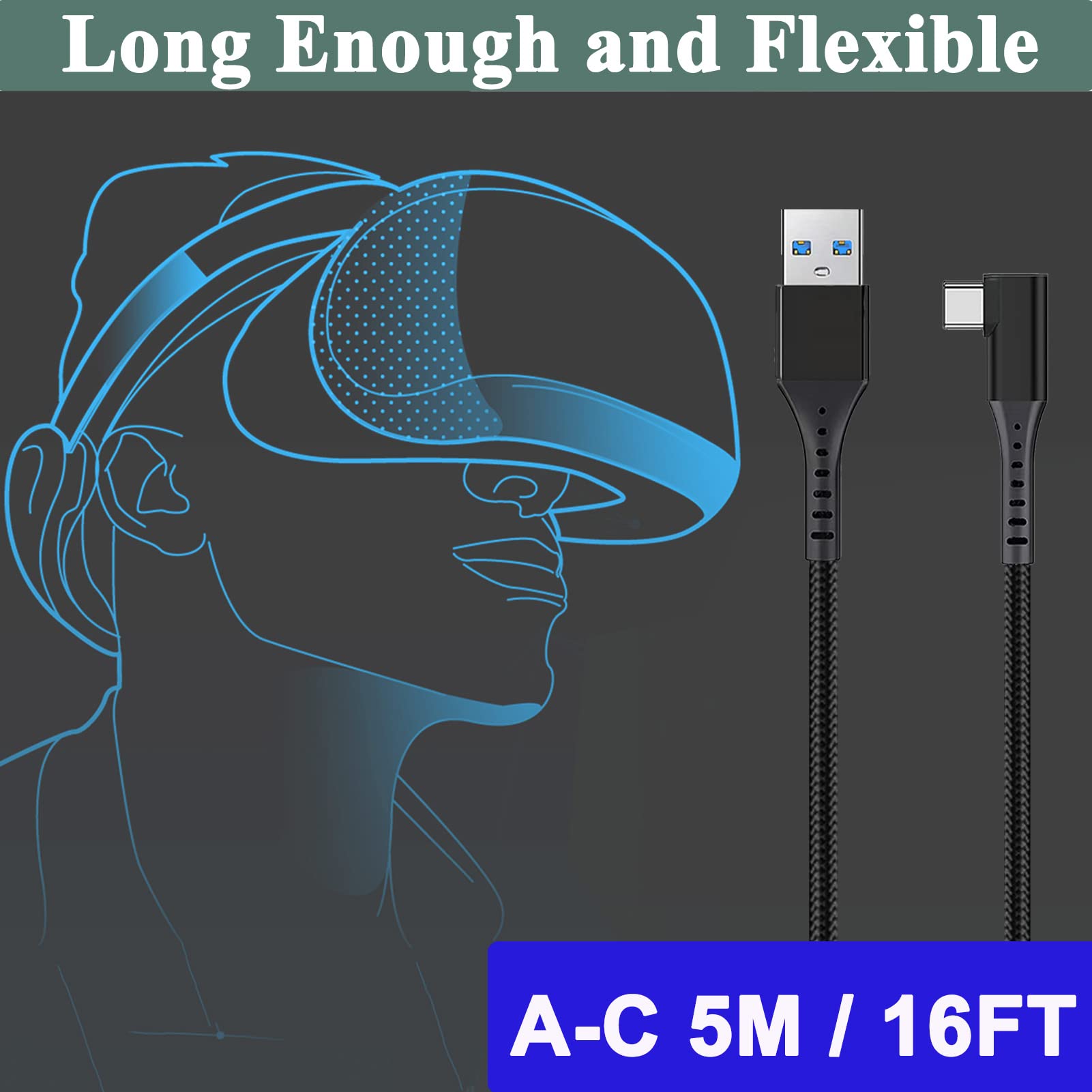 JAMYOK Link Cable 16 FT Compatible with Oculus/Meta Quest 2,VR Cable Compatible for Oculus/Meta Quest 2/1 Headset,USB 3.0 A to C,High Speed Data Transfer & Fast Charging,Durable Nylon Braided