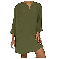 Women's Cotton Linen Dress 2024 Summer Long Sleeve Knee Length Dress Notched V Neck Loose Casual Tunic Beach Dresses