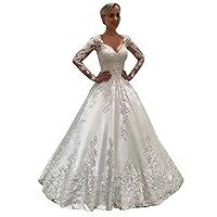 Illusion V-Neck Backless Bridal Ball Gowns with Train Lace Wedding Dresses for Bride Long Sleeve