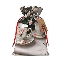 GeRRiT Tea Cups With Roses Romantic Shabby Print Christmas Drawstring Candy Gift Bags,Goody Bags,For Xmas Holiday Presents Party Favor