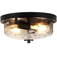 Black Flush Mount Ceiling Light, Farmhouse Hallway Light Fixtures with Water Ripple Glass Shade 2-Light Outdoor Flush Mount Lights for Porch Ceiling, Kitchen, Foyer, Entryway, Dining Room