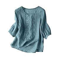 Women's 2024 Boho Tops Blouses Casual Lace Ruffle Floral Graphic Embroidered Tunic for Older Women Linen Summer Flowy