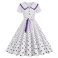 Women's 50s 60s Vintage Audrey Hepburn Dress Short Sleeve V Neck Tea Party Dress Polka Dot Cocktail Swing Dresses
