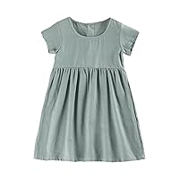 Toddler Girl Short Sleeve Crewneck Solid Color Back Button Cotton Dress for 2 to 8 Years 4 Year Girl Clothes