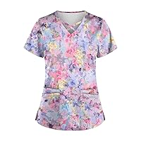 Cute Scrub Tops V Neck Shirts Printed Short Sleeve T Shirts Stretchy Nursing Uniforms Nurse Gifts with Pockets