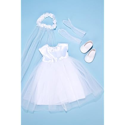 Little Angel - 4 Piece 18 inch Doll Outfit - White Satin and Tule First Communion Dress with Long Gloves, Veil and White Shoes (Doll not Included)