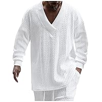Mens V Neck Sweater Casual Loose Fit Long Sleeve Pullover Cable Knit Sweater Tops Knitwear