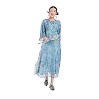Improved Hanfu Dress Women's Silk Organza Water Ink Floral Printed Chinese Traditional Blue Dress 2549