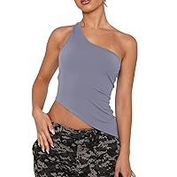 ISZPLUSH Women One Shoulder Asymmetrical Hem Sexy Top Y2K Slim Fit Crop Top Going Out Cami Tank Top Solid Cami Streetwear